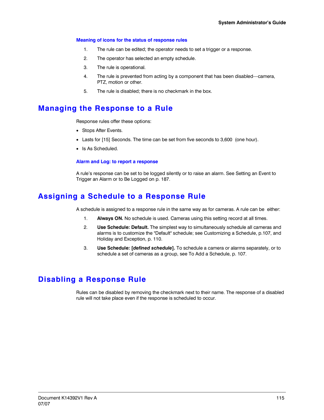 Honeywell K14392V1 Managing the Response to a Rule, Assigning a Schedule to a Response Rule, Disabling a Response Rule 