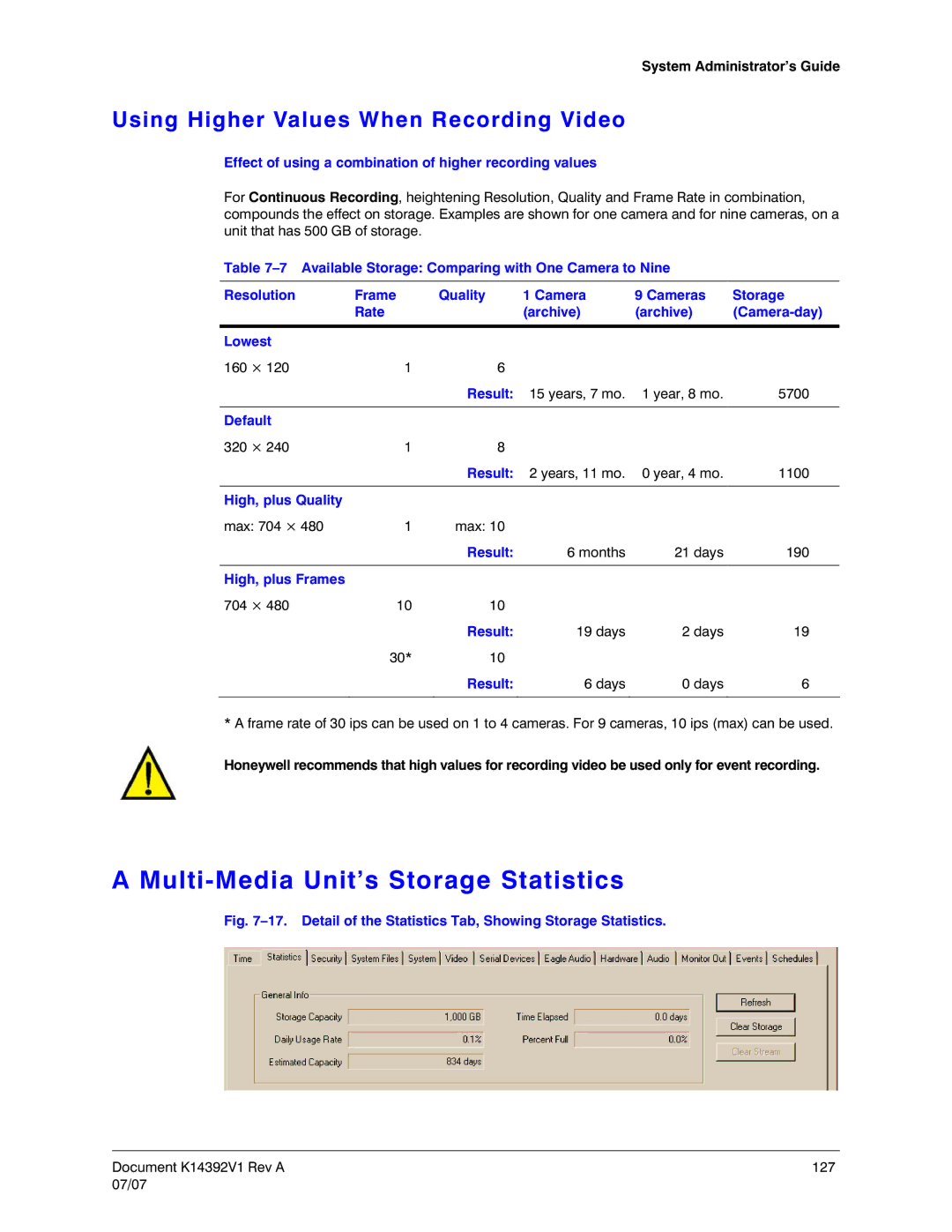 Honeywell K14392V1 manual Multi-Media Unit’s Storage Statistics, Using Higher Values When Recording Video 