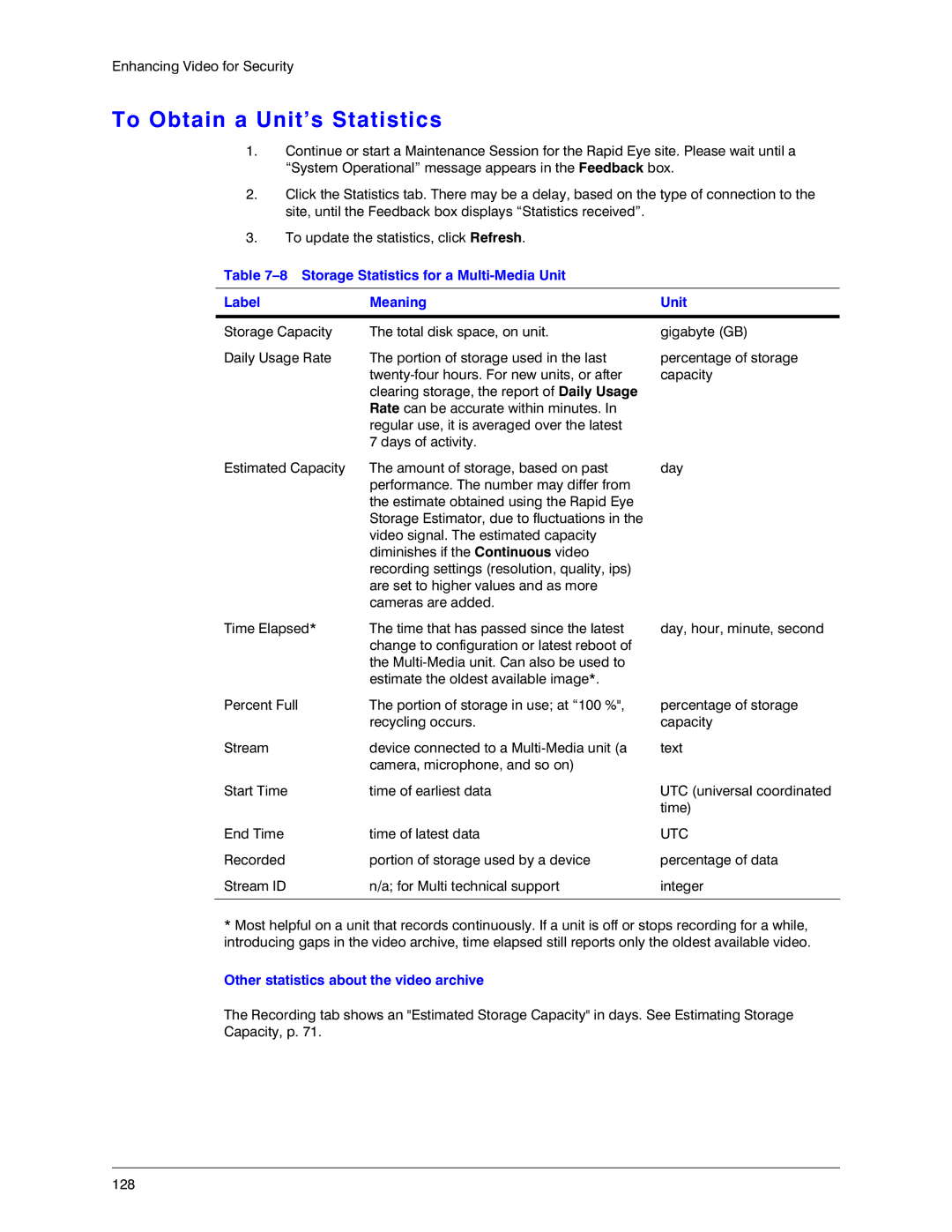 Honeywell K14392V1 manual To Obtain a Unit’s Statistics, Storage Statistics for a Multi-Media Unit Label Meaning 