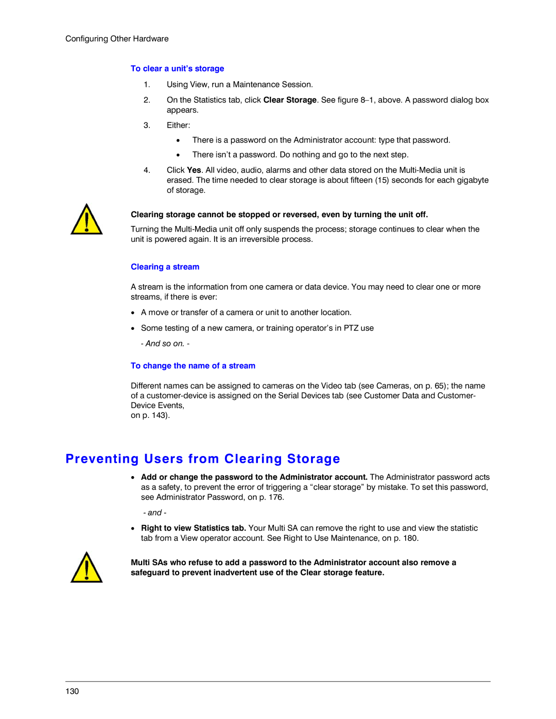 Honeywell K14392V1 manual Preventing Users from Clearing Storage, To clear a unit’s storage, Clearing a stream 