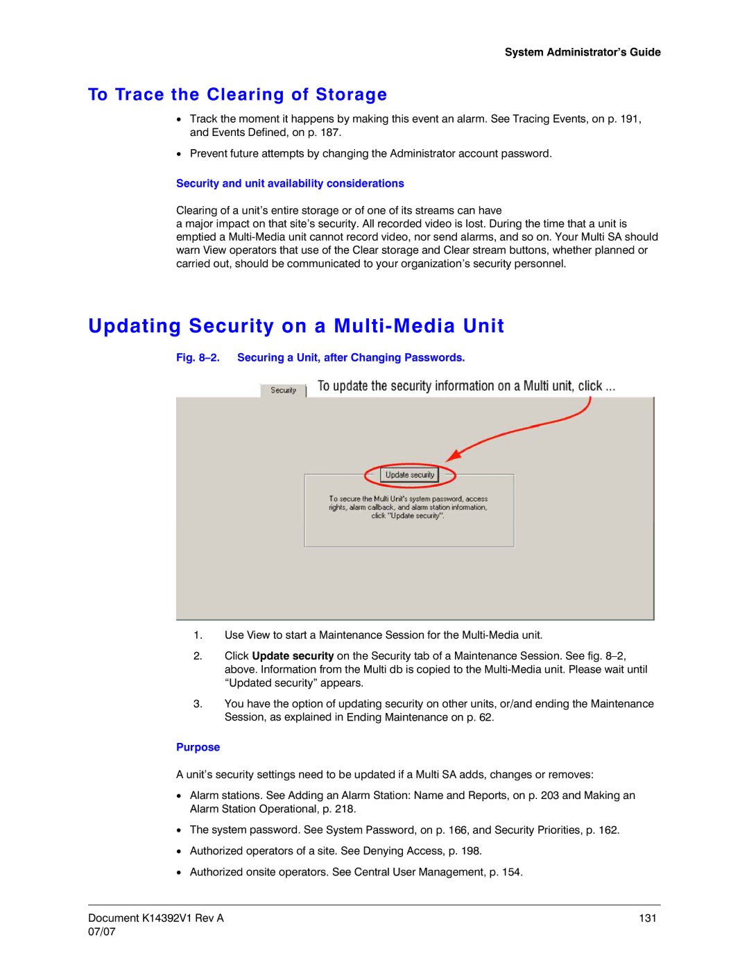 Honeywell K14392V1 manual Updating Security on a Multi-Media Unit, To Trace the Clearing of Storage 