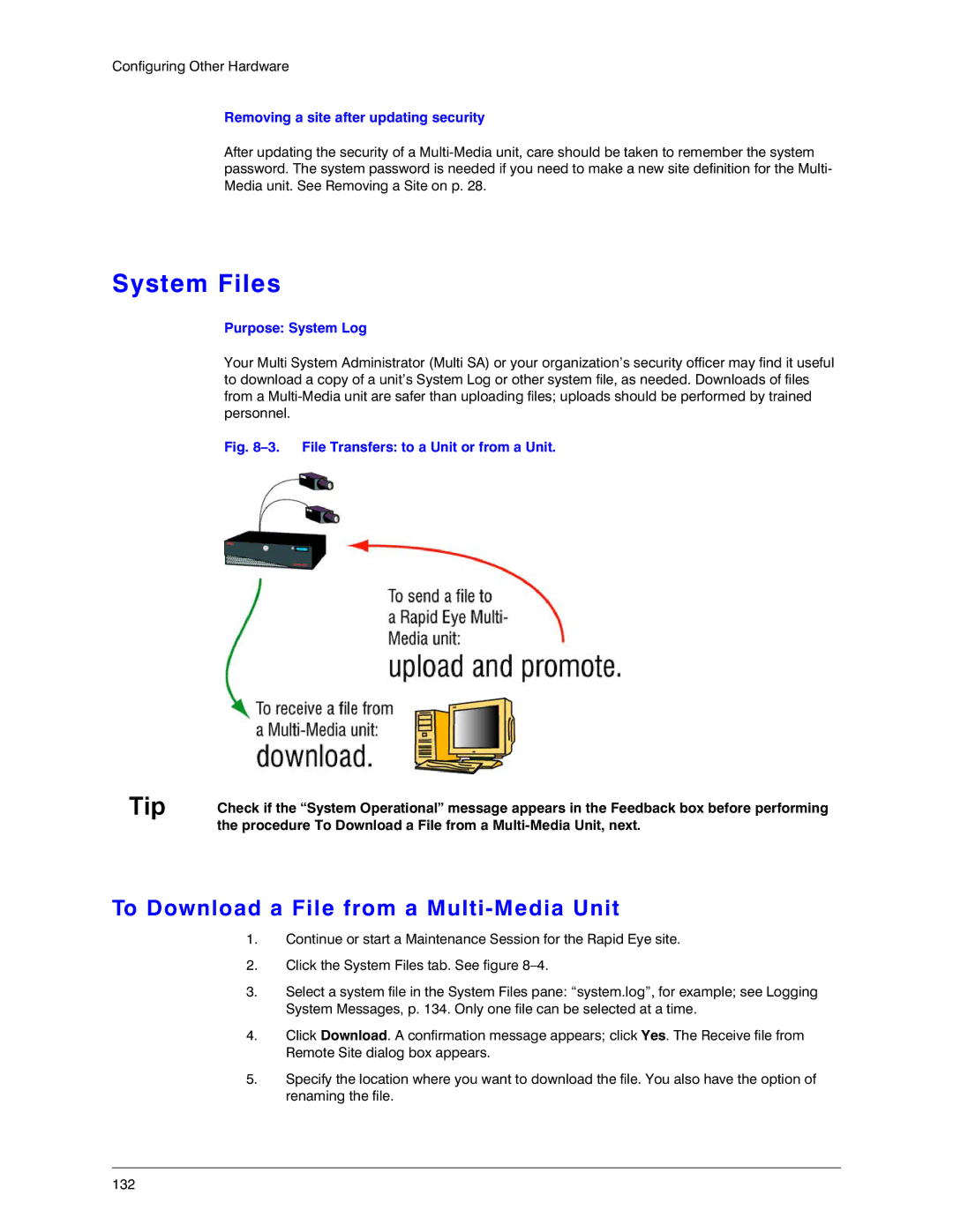 Honeywell K14392V1 manual System Files, To Download a File from a Multi-Media Unit, Removing a site after updating security 