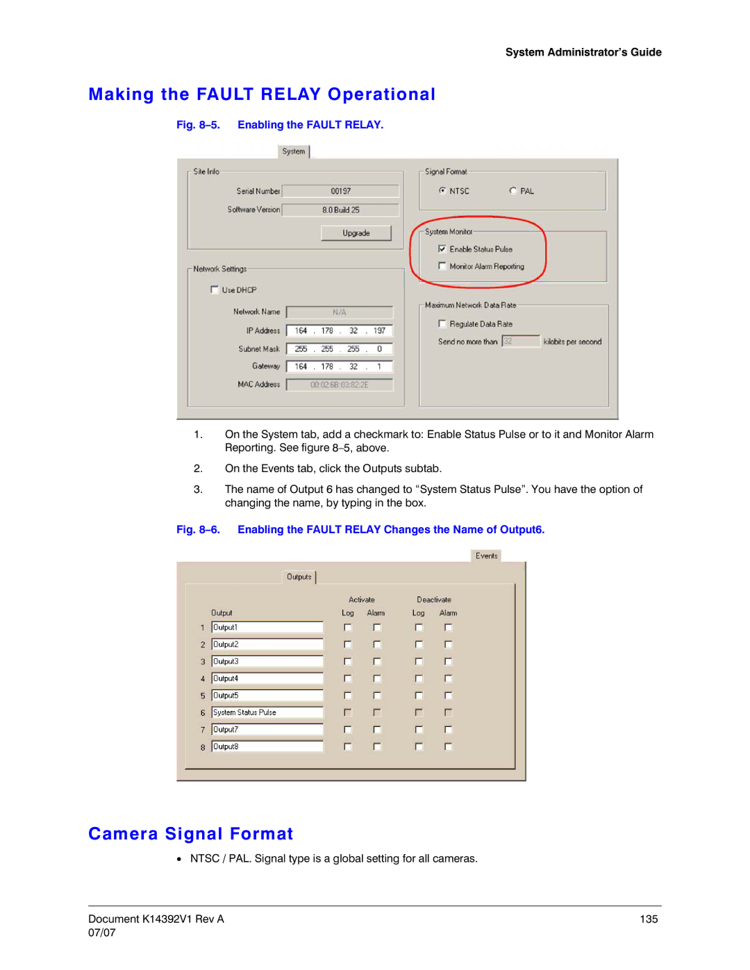 Honeywell K14392V1 manual Making the Fault Relay Operational, Camera Signal Format 