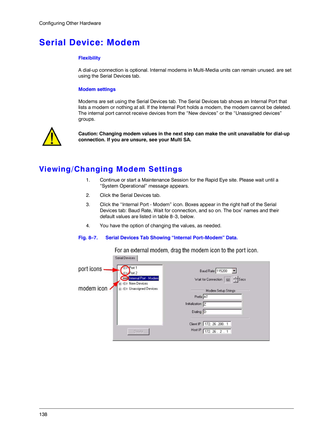 Honeywell K14392V1 manual Serial Device Modem, Viewing/Changing Modem Settings, Modem settings 