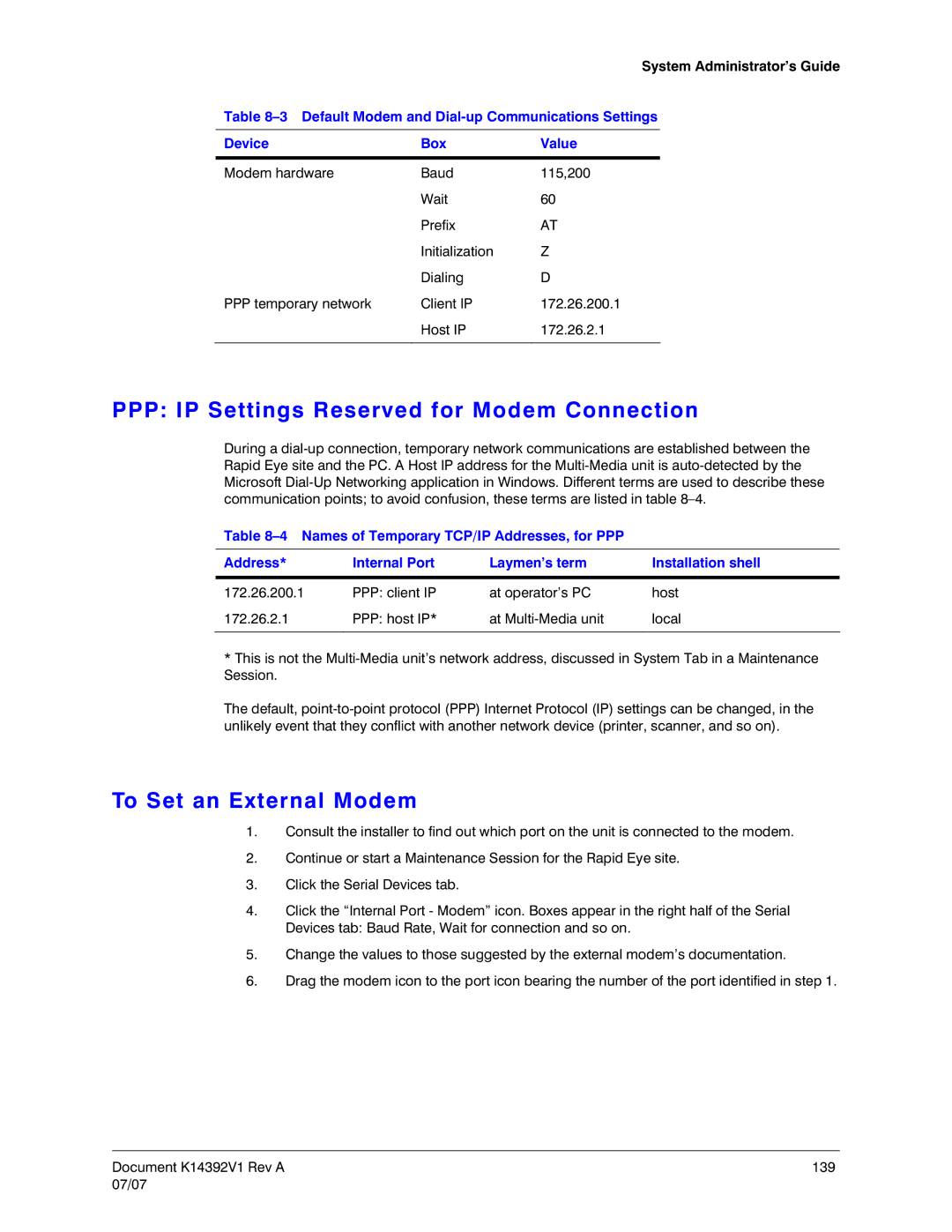 Honeywell K14392V1 manual PPP IP Settings Reserved for Modem Connection, To Set an External Modem 