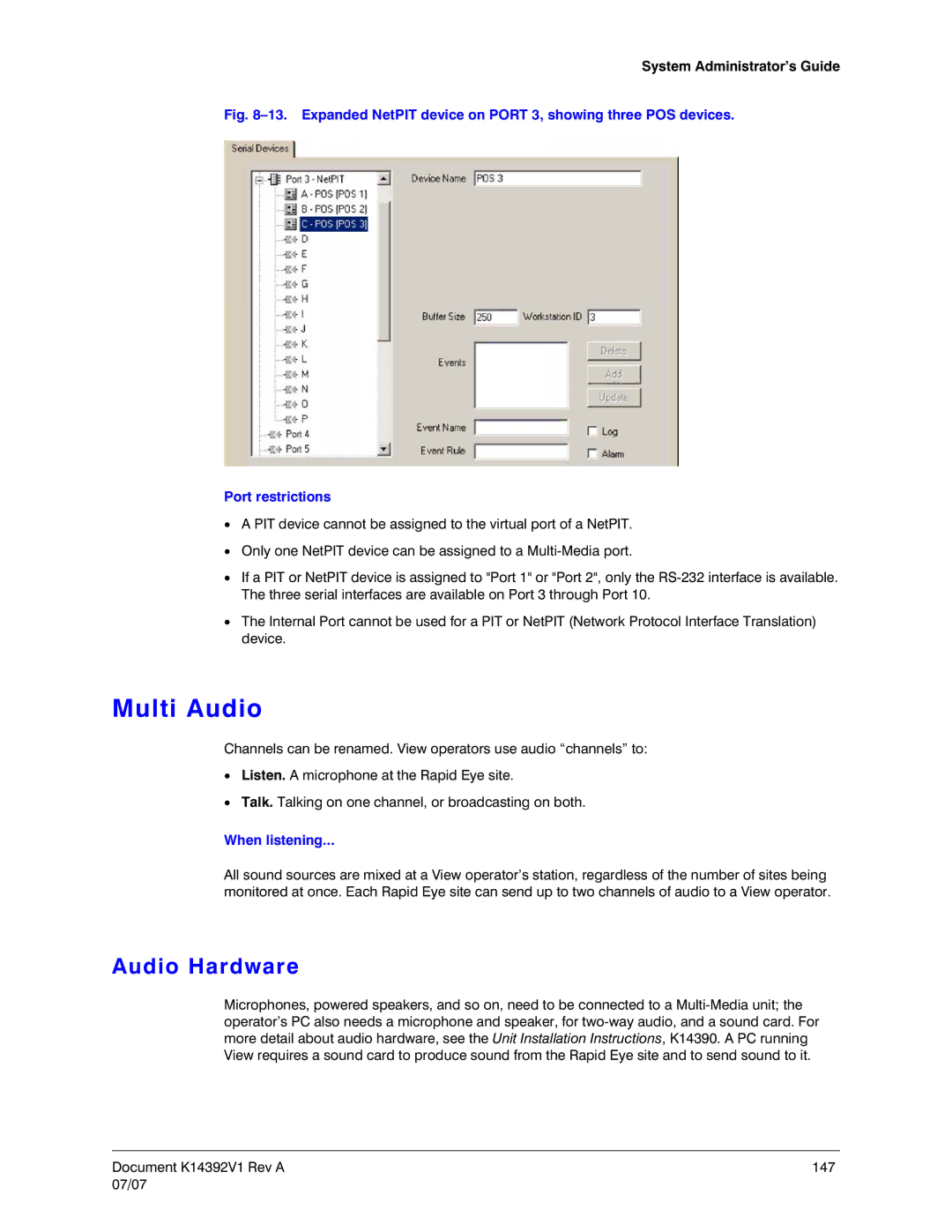 Honeywell K14392V1 manual Multi Audio, Audio Hardware, When listening 