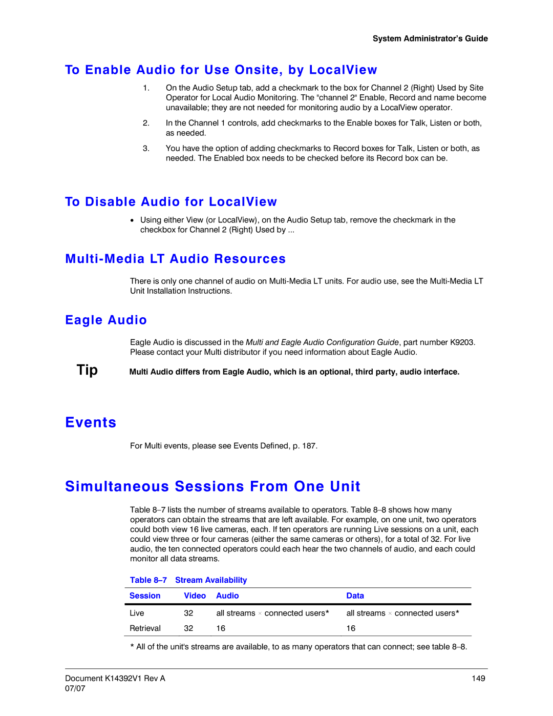 Honeywell K14392V1 manual Events, Simultaneous Sessions From One Unit 