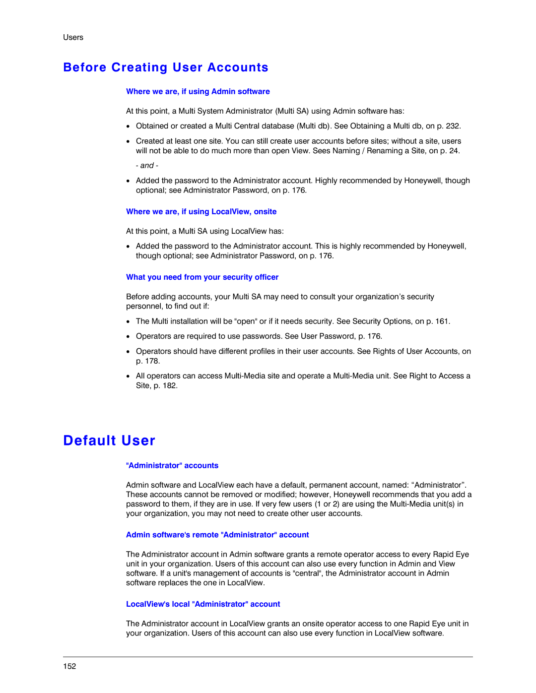 Honeywell K14392V1 manual Default User, Before Creating User Accounts 