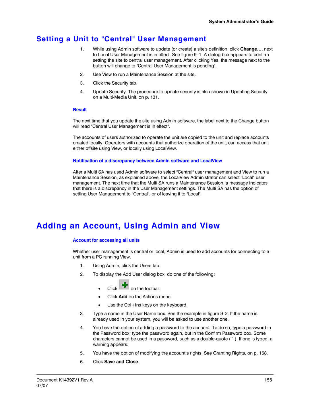 Honeywell K14392V1 manual Adding an Account, Using Admin and View, Setting a Unit to Central User Management 