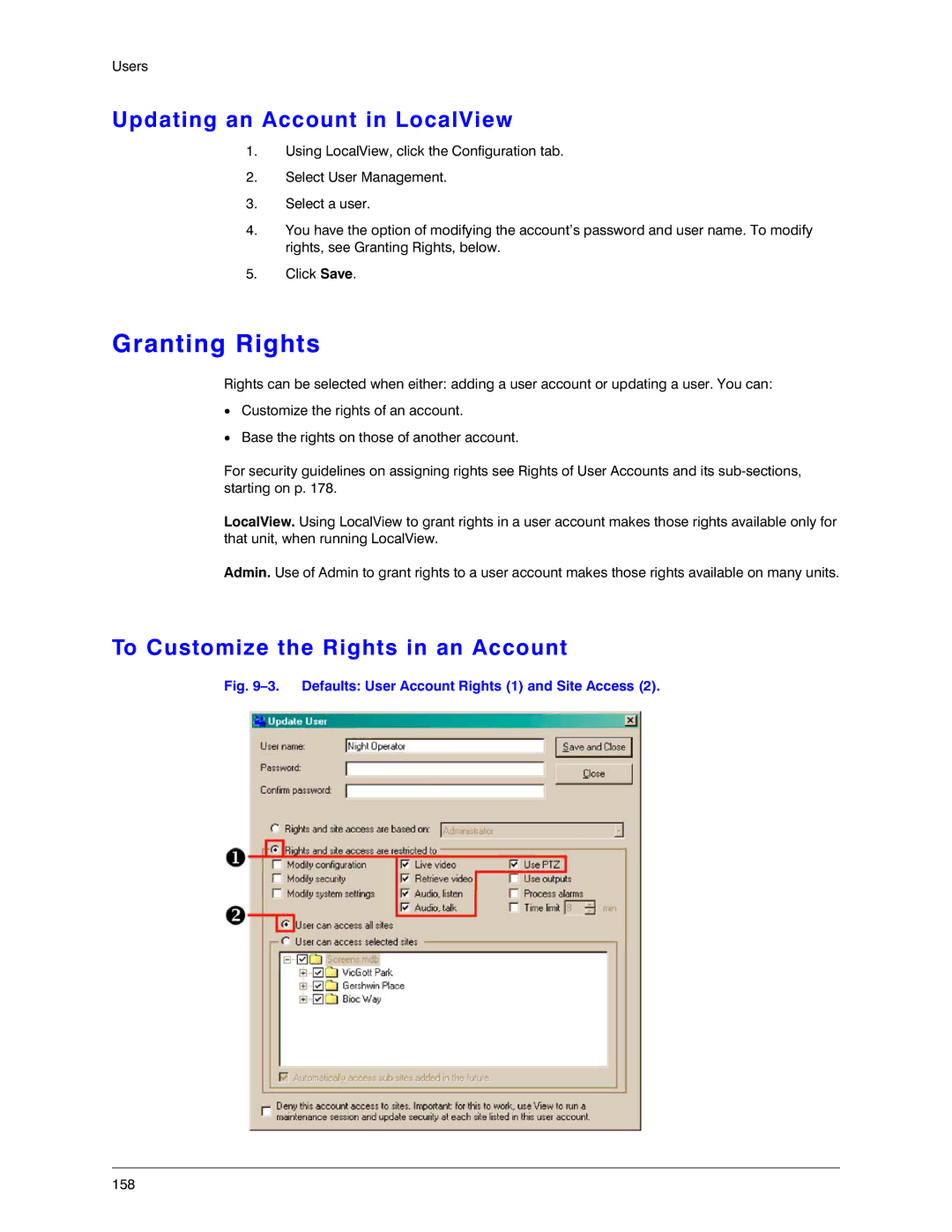 Honeywell K14392V1 manual Granting Rights, Updating an Account in LocalView, To Customize the Rights in an Account 