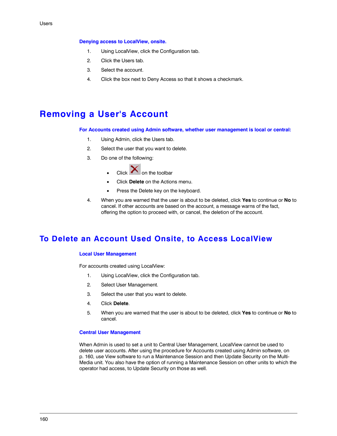 Honeywell K14392V1 Removing a Users Account, To Delete an Account Used Onsite, to Access LocalView, Local User Management 