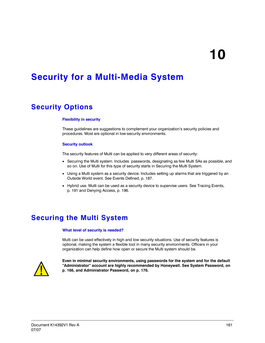 Honeywell K14392V1 manual Security for a Multi-Media System, Security Options, Securing the Multi System, Security outlook 