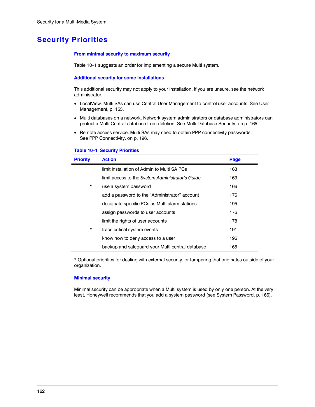 Honeywell K14392V1 From minimal security to maximum security, Security Priorities Priority Action, Minimal security 