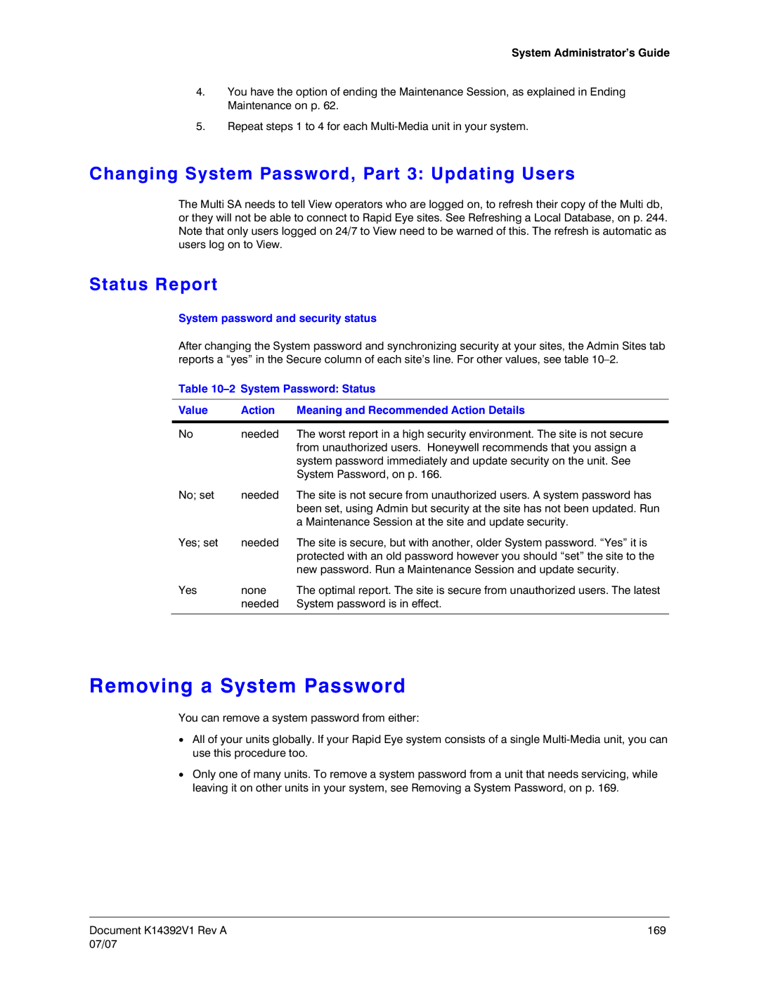 Honeywell K14392V1 manual Removing a System Password, Changing System Password, Part 3 Updating Users, Status Report 