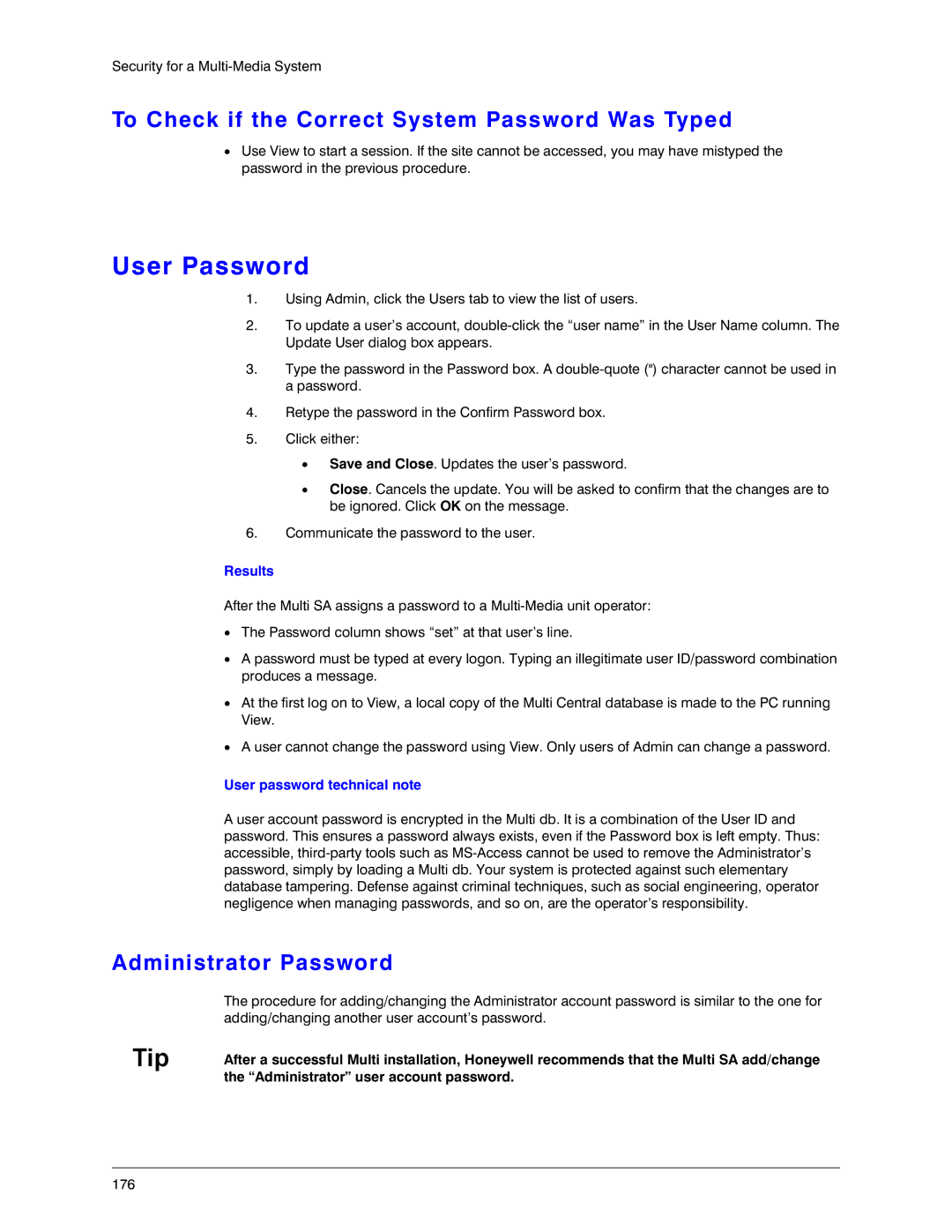 Honeywell K14392V1 manual User Password, To Check if the Correct System Password Was Typed, Administrator Password, Results 