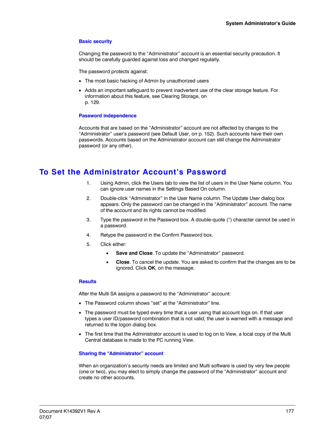 Honeywell K14392V1 manual To Set the Administrator Account’s Password, Basic security, Password independence 