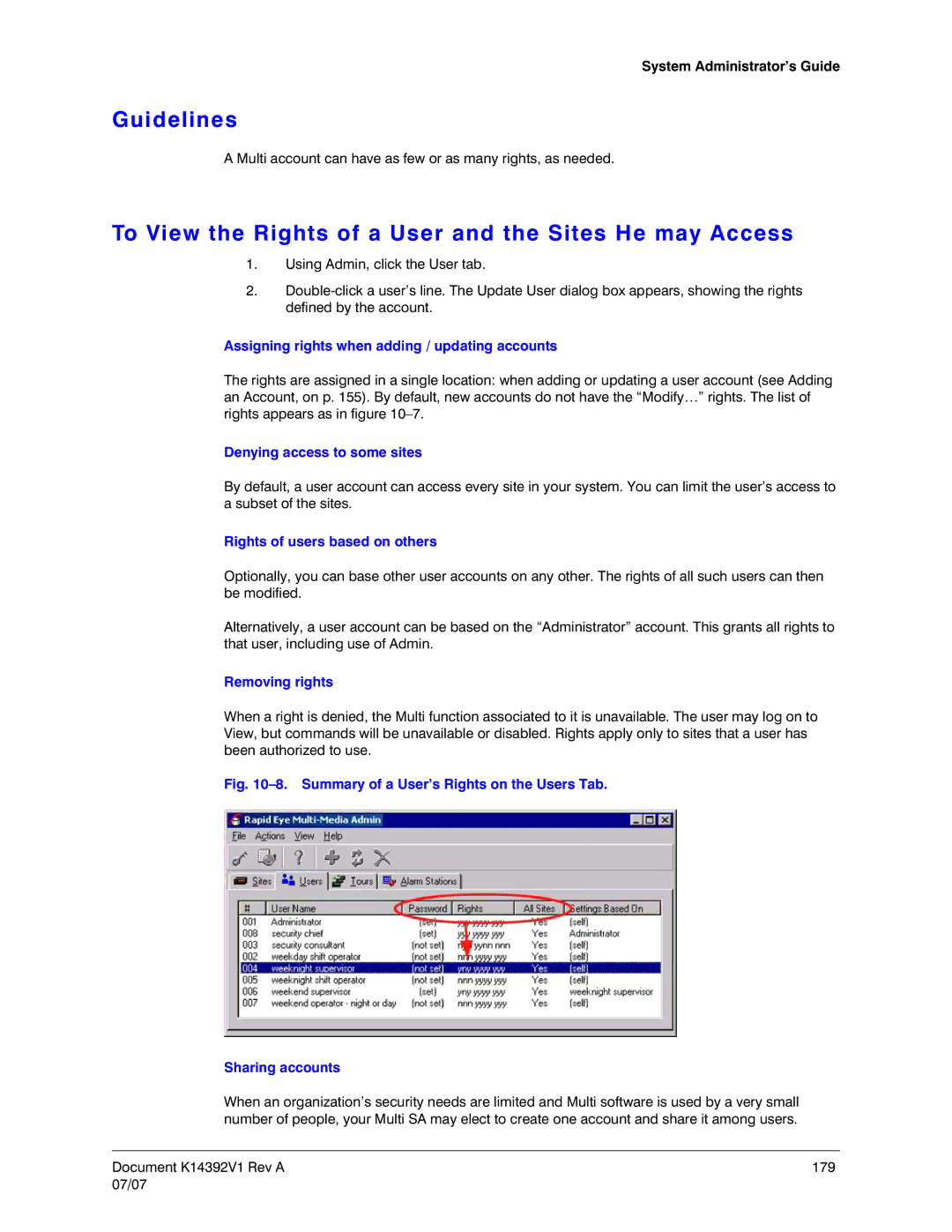 Honeywell K14392V1 manual Guidelines, To View the Rights of a User and the Sites He may Access 