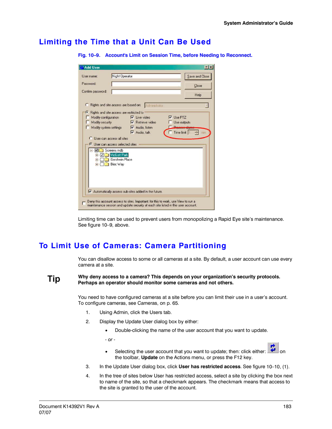 Honeywell K14392V1 manual Limiting the Time that a Unit Can Be Used, To Limit Use of Cameras Camera Partitioning 