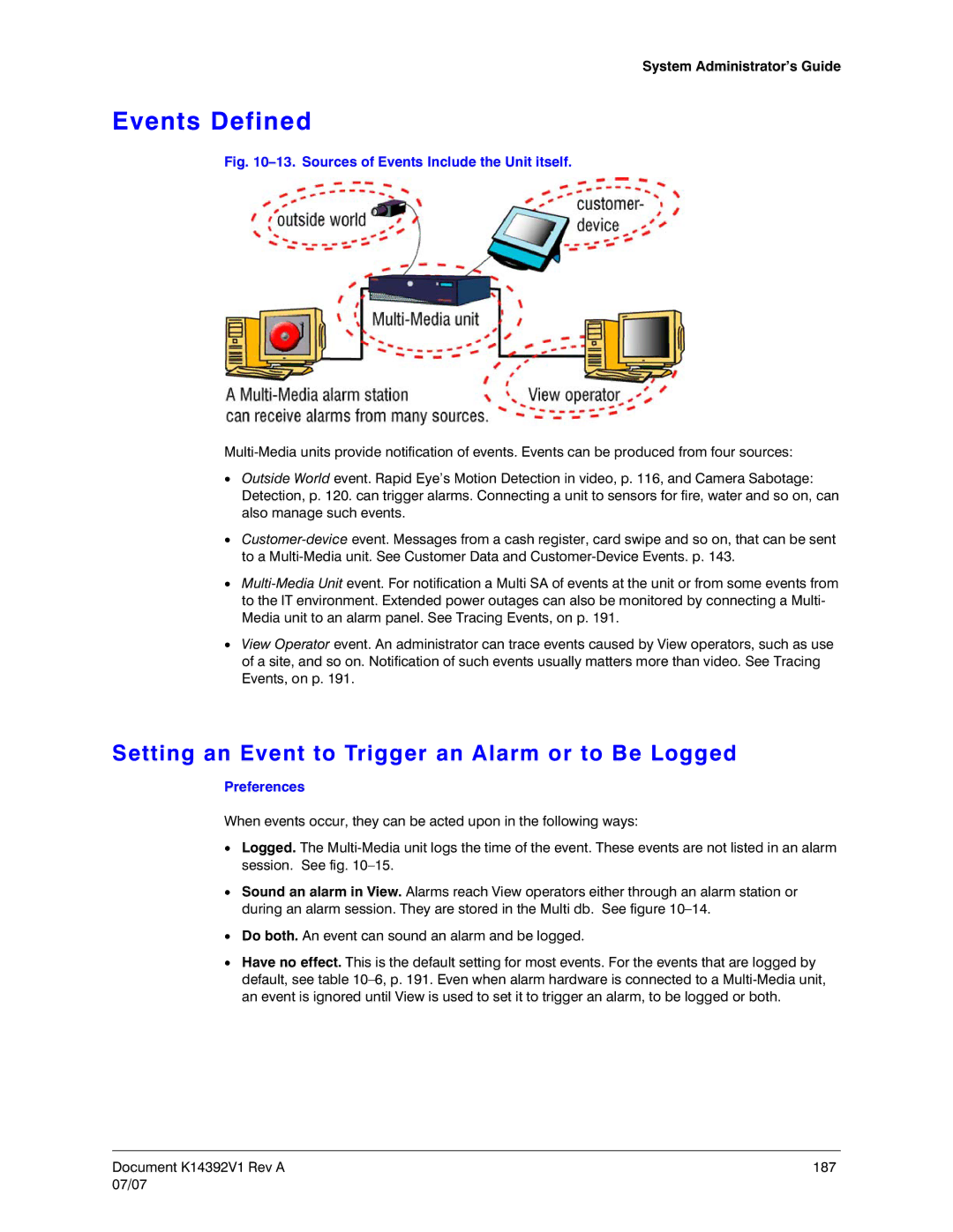 Honeywell K14392V1 manual Events Defined, Setting an Event to Trigger an Alarm or to Be Logged, Preferences 