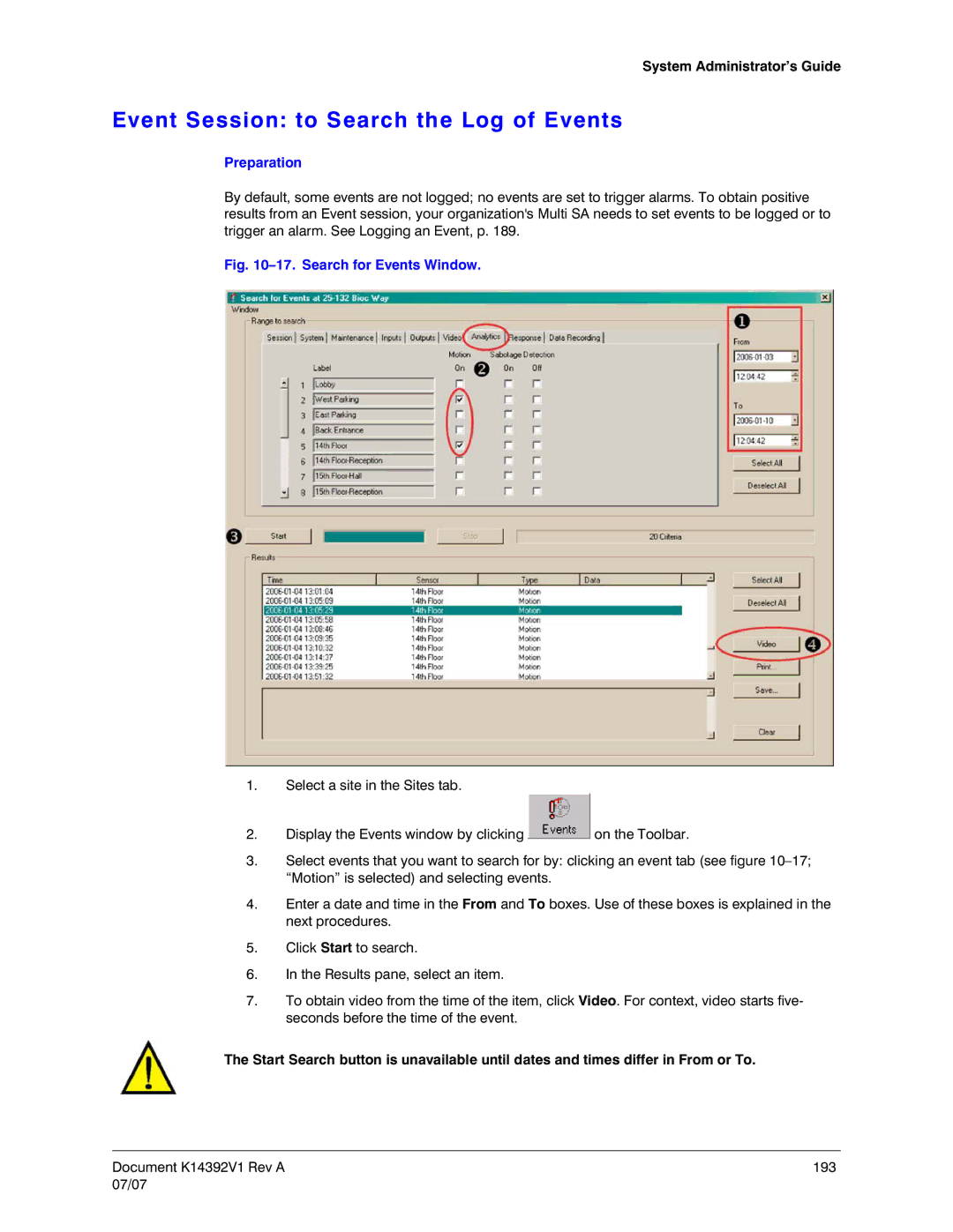 Honeywell K14392V1 manual Event Session to Search the Log of Events, Search for Events Window 