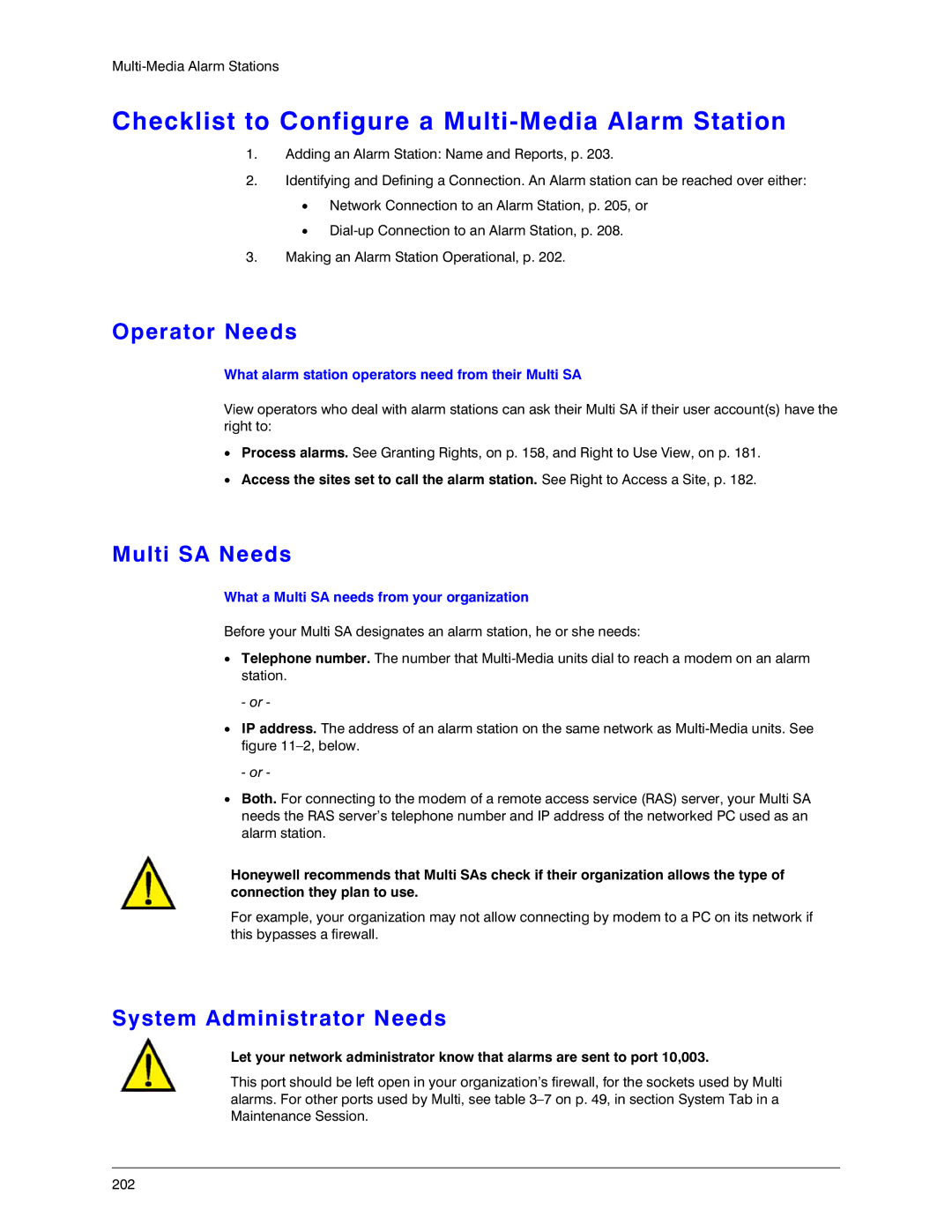 Honeywell K14392V1 manual Checklist to Configure a Multi-Media Alarm Station, Operator Needs, Multi SA Needs 