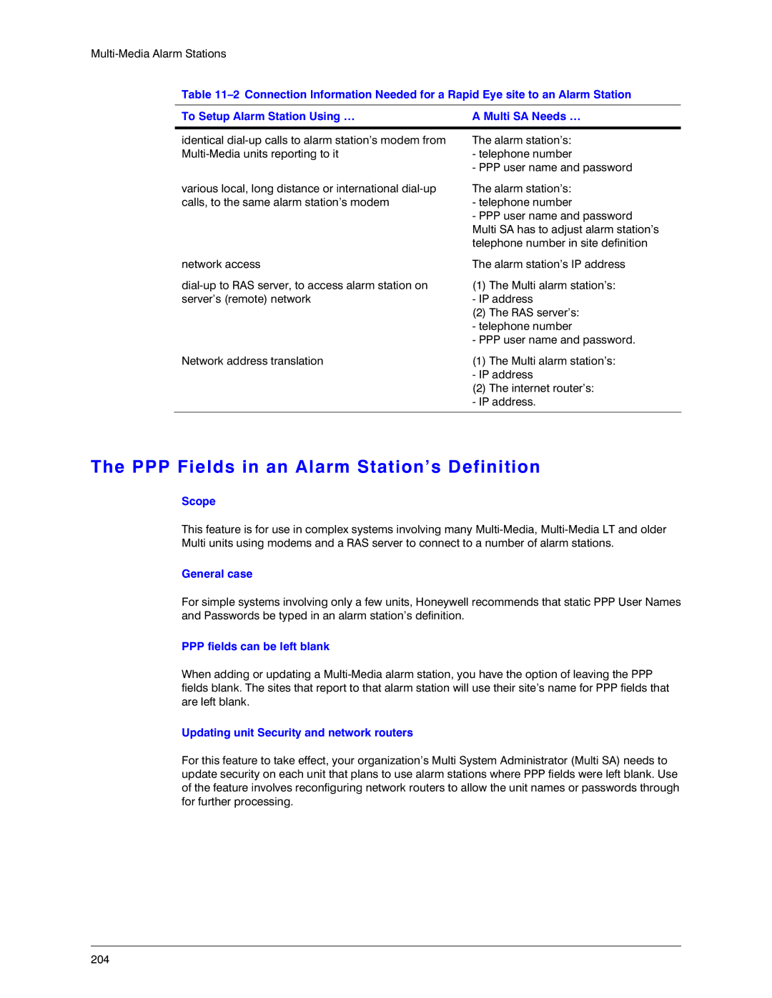 Honeywell K14392V1 manual PPP Fields in an Alarm Station’s Definition, Scope, General case, PPP fields can be left blank 