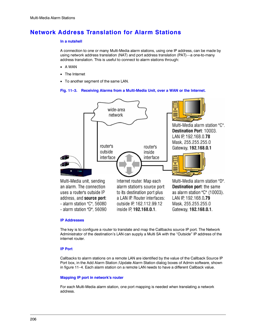 Honeywell K14392V1 manual Network Address Translation for Alarm Stations, Mapping IP port in network’s router 