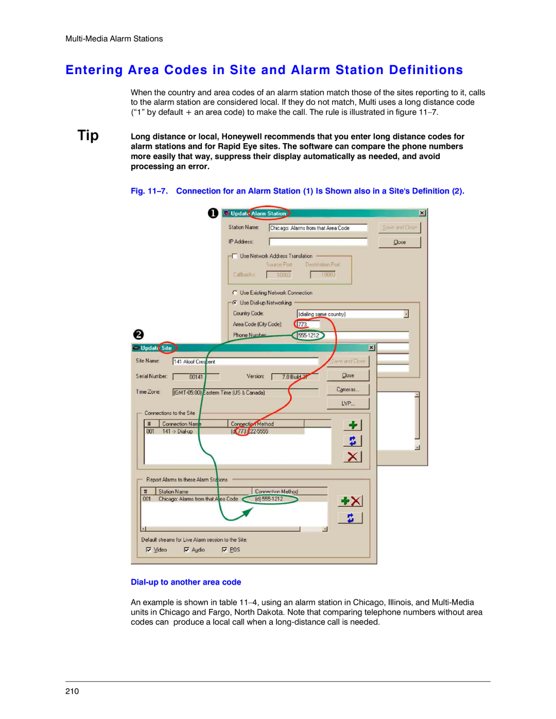 Honeywell K14392V1 manual Entering Area Codes in Site and Alarm Station Definitions 