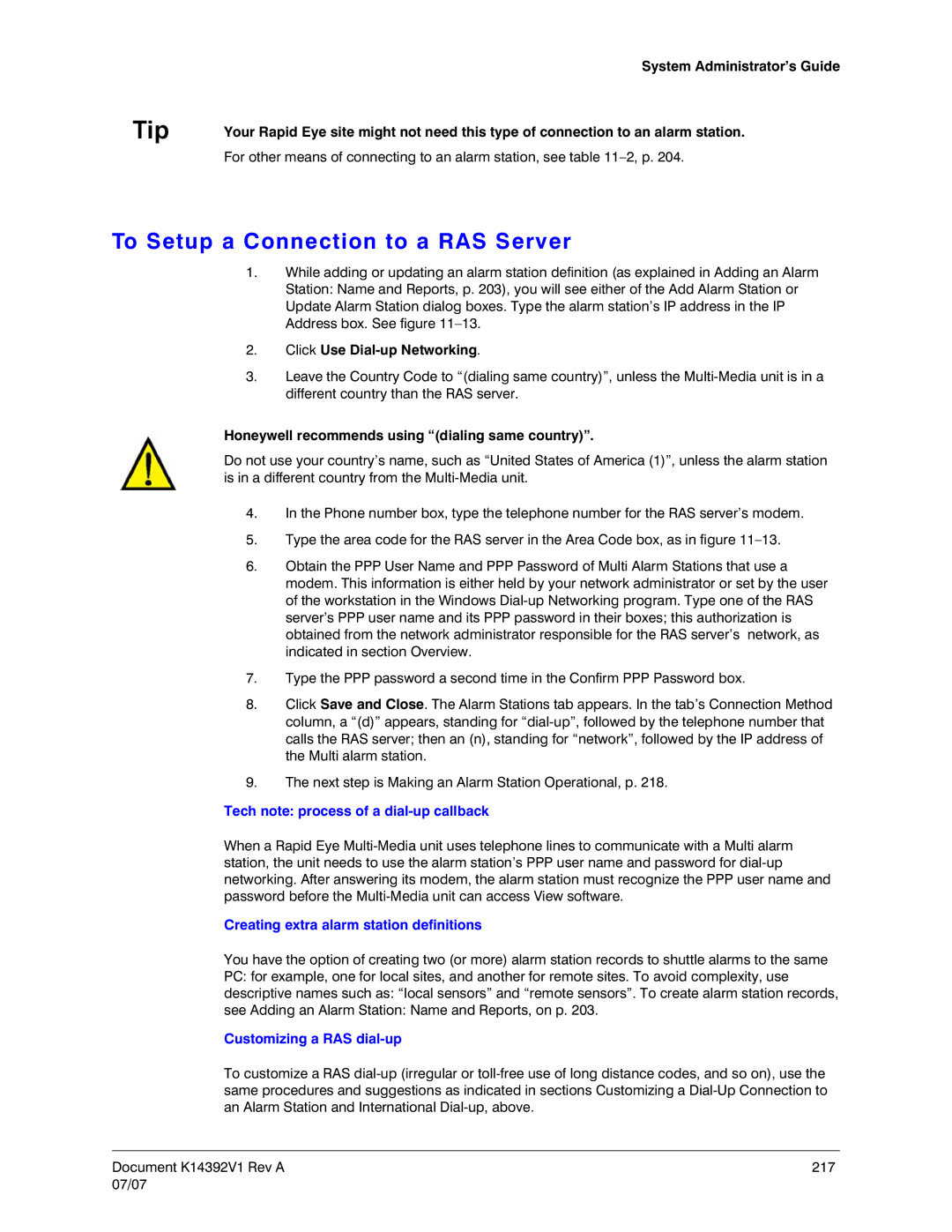 Honeywell K14392V1 manual To Setup a Connection to a RAS Server, Honeywell recommends using dialing same country 