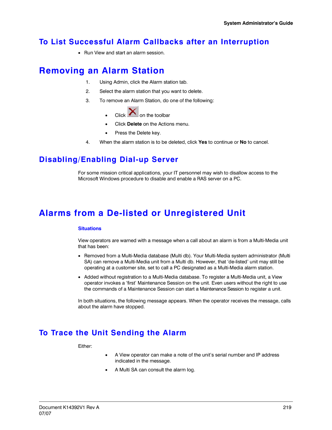 Honeywell K14392V1 manual Removing an Alarm Station, Alarms from a De-listed or Unregistered Unit 