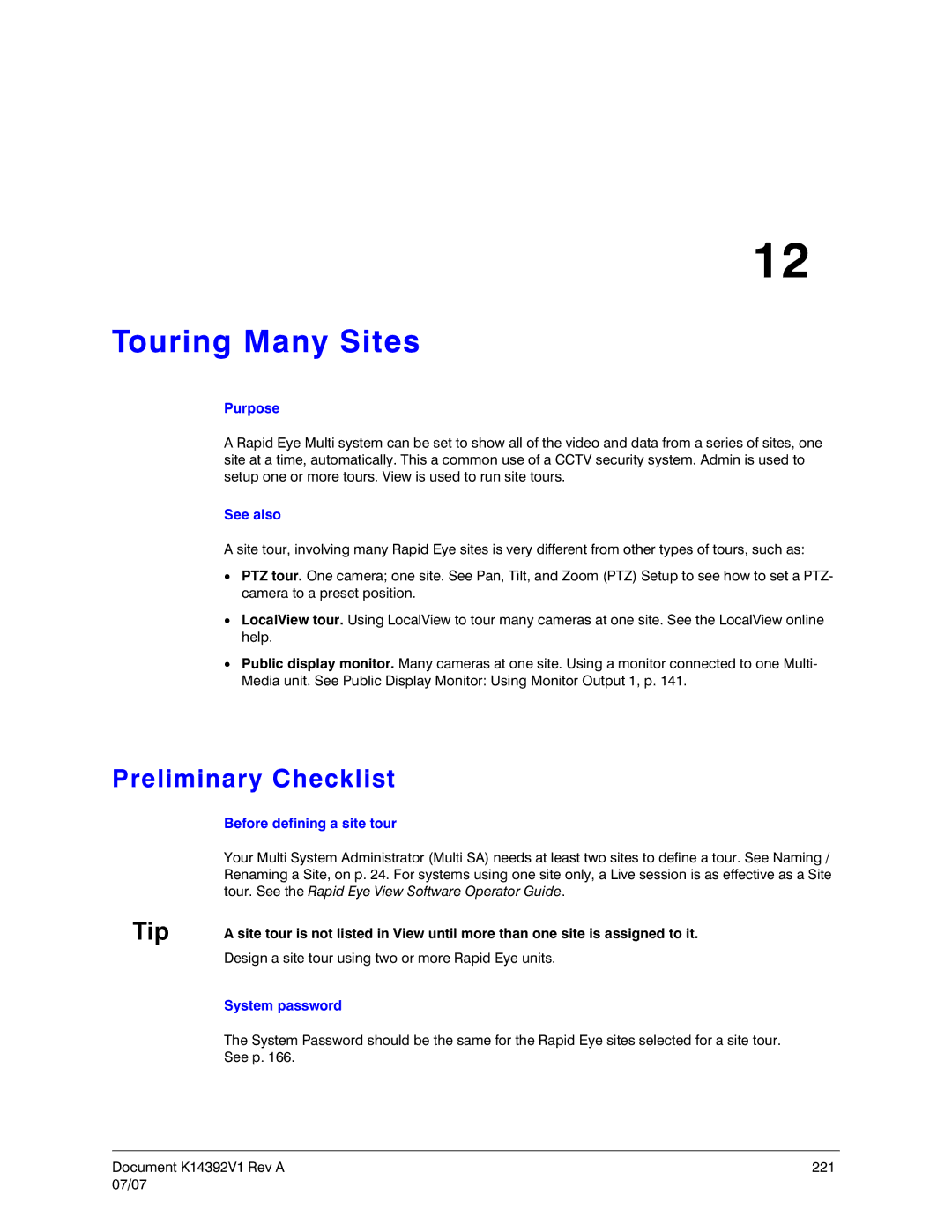 Honeywell K14392V1 manual Touring Many Sites, Preliminary Checklist, Before defining a site tour 