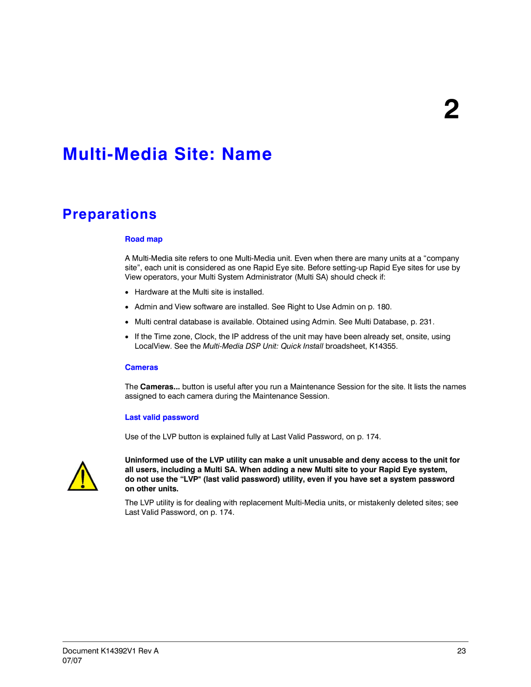 Honeywell K14392V1 manual Multi-Media Site Name, Preparations, Road map, Cameras, Last valid password 