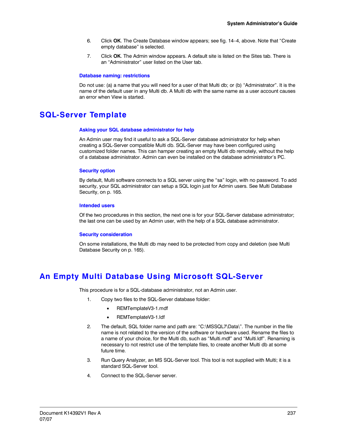 Honeywell K14392V1 manual SQL-Server Template, An Empty Multi Database Using Microsoft SQL-Server 