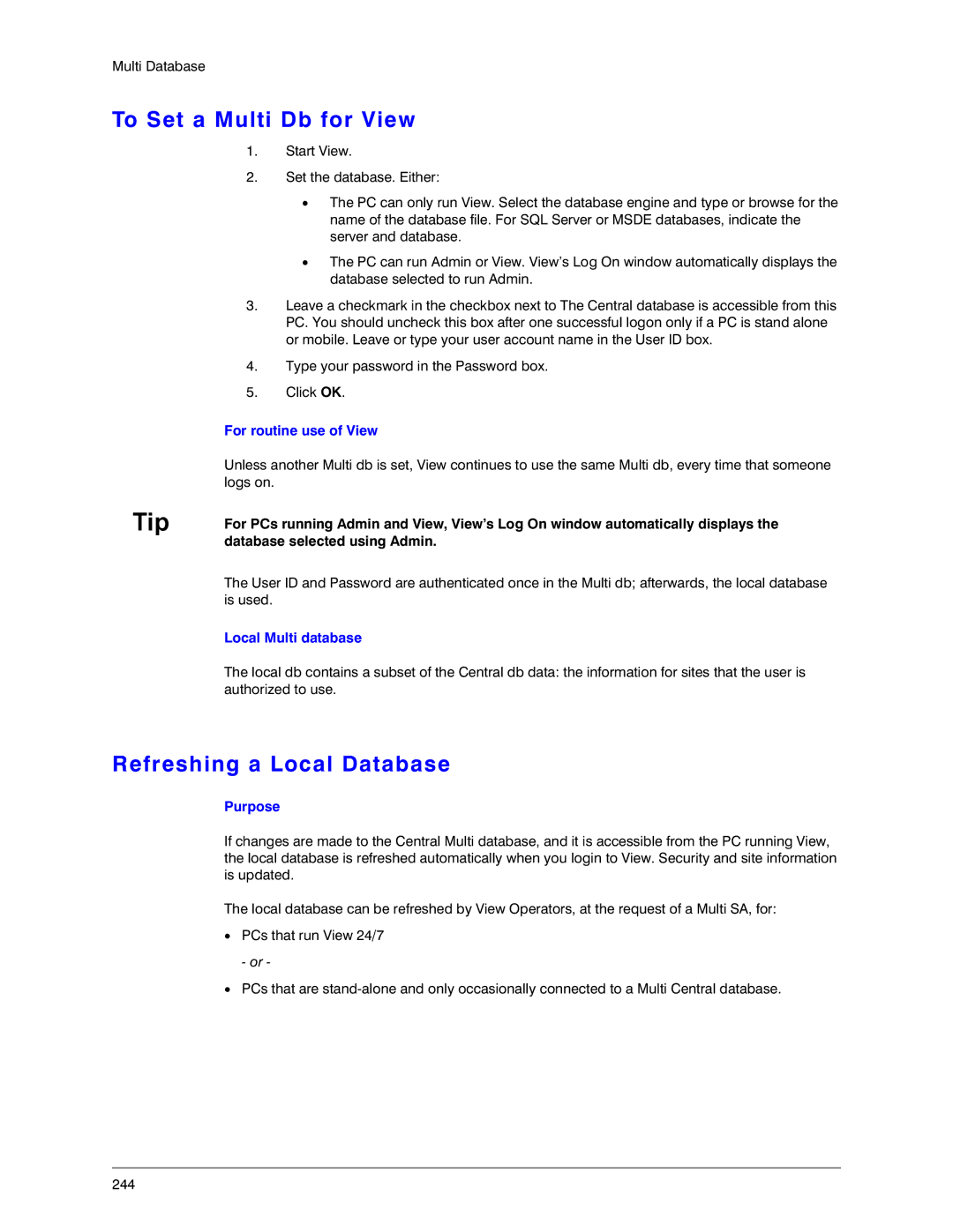 Honeywell K14392V1 To Set a Multi Db for View, Refreshing a Local Database, For routine use of View, Local Multi database 