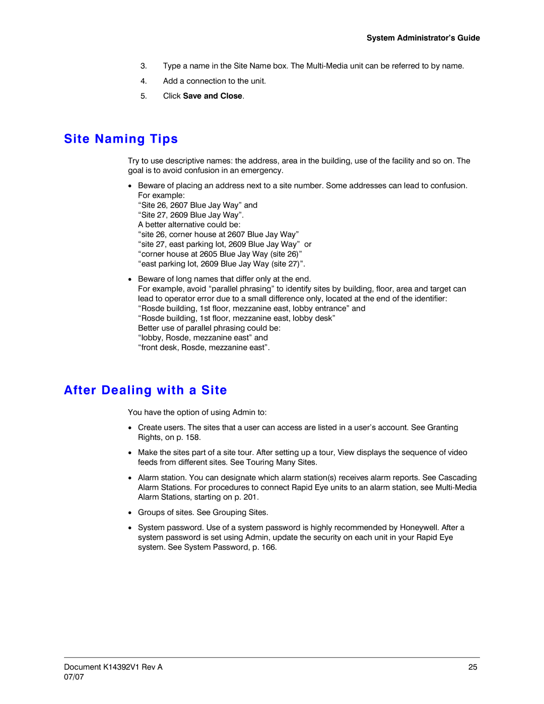 Honeywell K14392V1 manual Site Naming Tips, After Dealing with a Site, Click Save and Close 