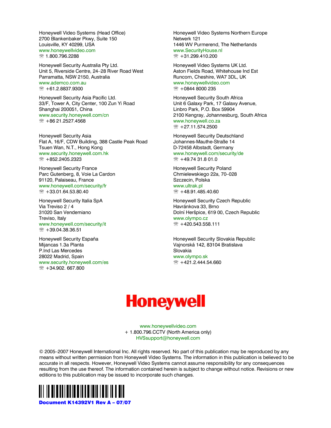 Honeywell manual Document K14392V1 Rev a 07/07 