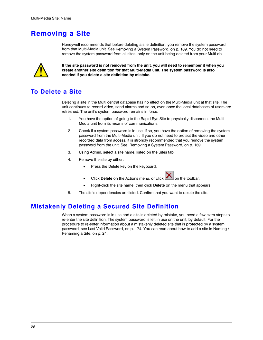 Honeywell K14392V1 manual Removing a Site, To Delete a Site, Mistakenly Deleting a Secured Site Definition 