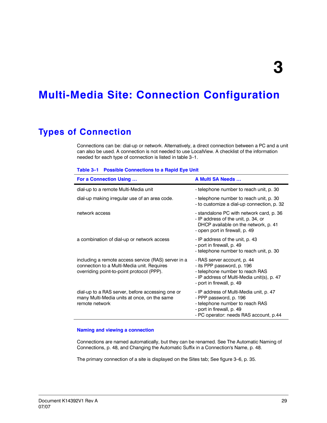 Honeywell K14392V1 manual Multi-Media Site Connection Configuration, Types of Connection, Naming and viewing a connection 