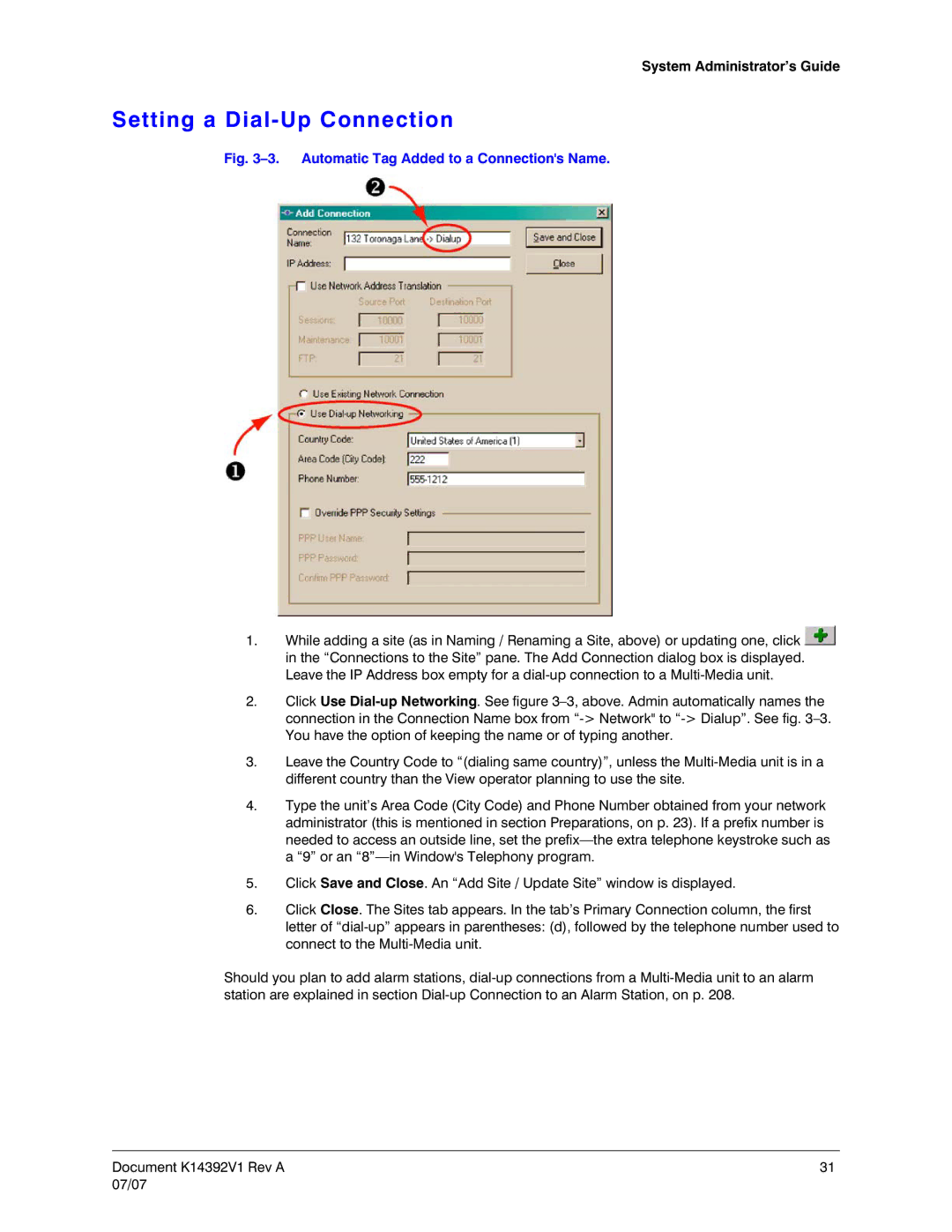 Honeywell K14392V1 manual Setting a Dial-Up Connection, Automatic Tag Added to a Connections Name 