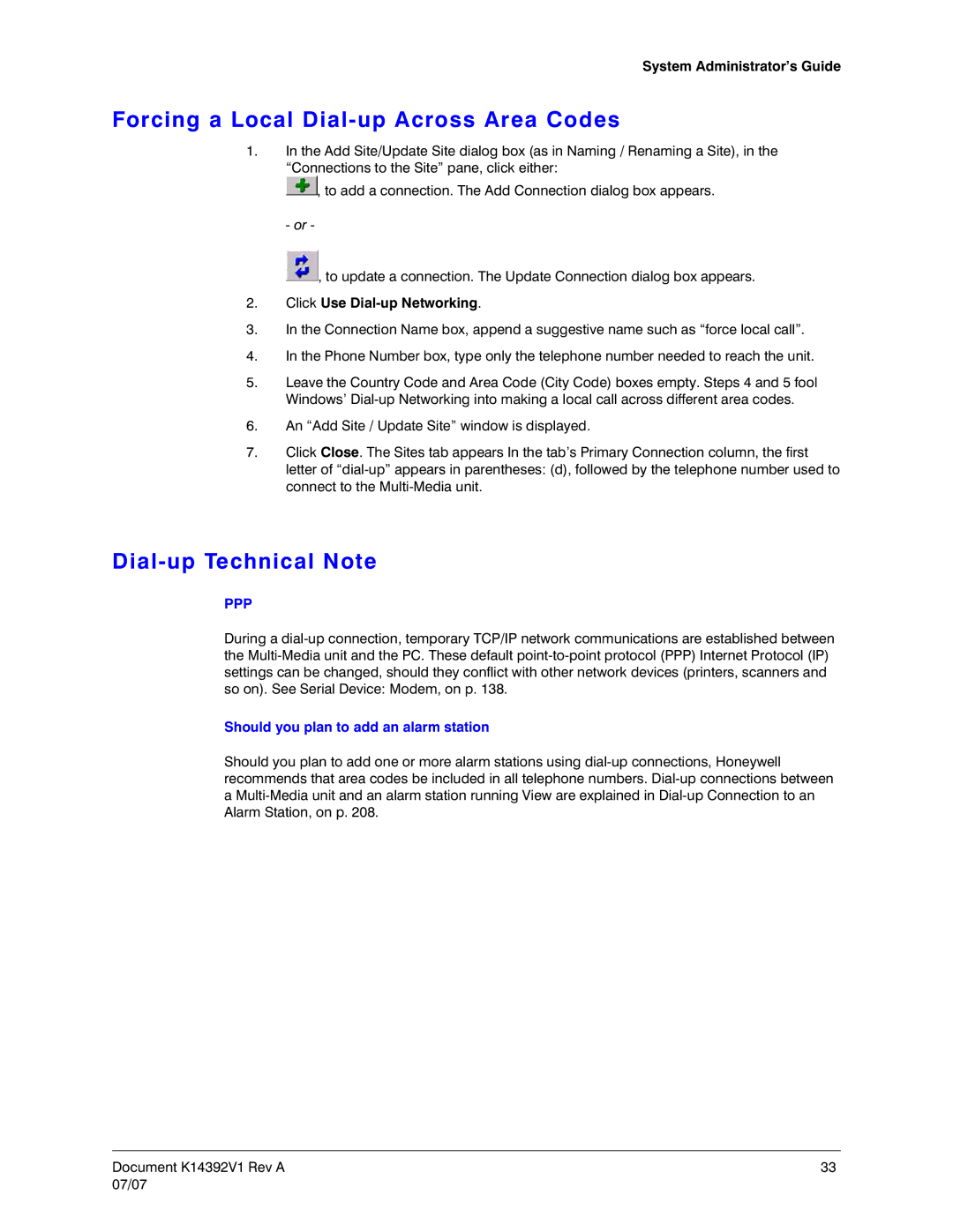 Honeywell K14392V1 manual Forcing a Local Dial-up Across Area Codes, Dial-up Technical Note, Click Use Dial-up Networking 