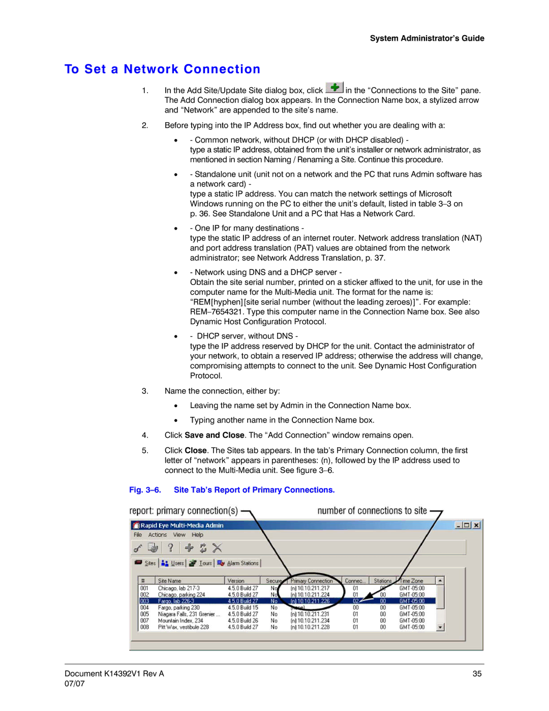 Honeywell K14392V1 manual To Set a Network Connection, Site Tab’s Report of Primary Connections 