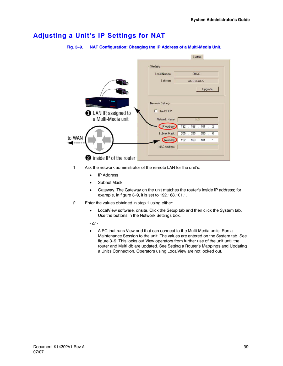 Honeywell K14392V1 manual Adjusting a Unit’s IP Settings for NAT 