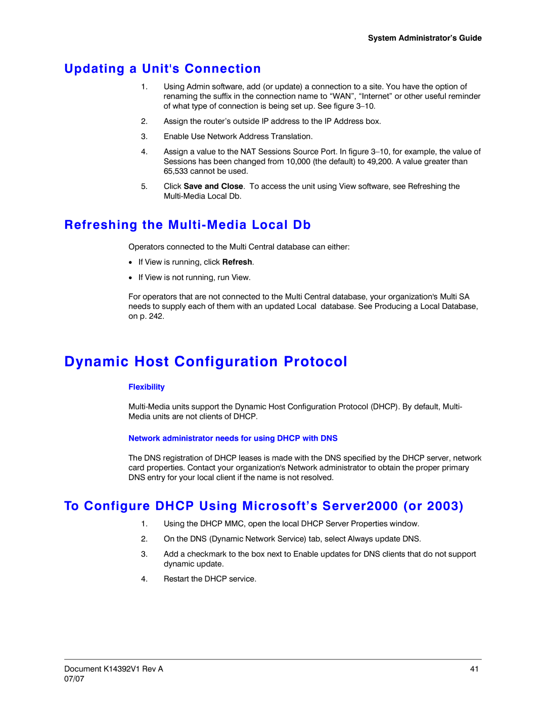 Honeywell K14392V1 Dynamic Host Configuration Protocol, Updating a Units Connection, Refreshing the Multi-Media Local Db 