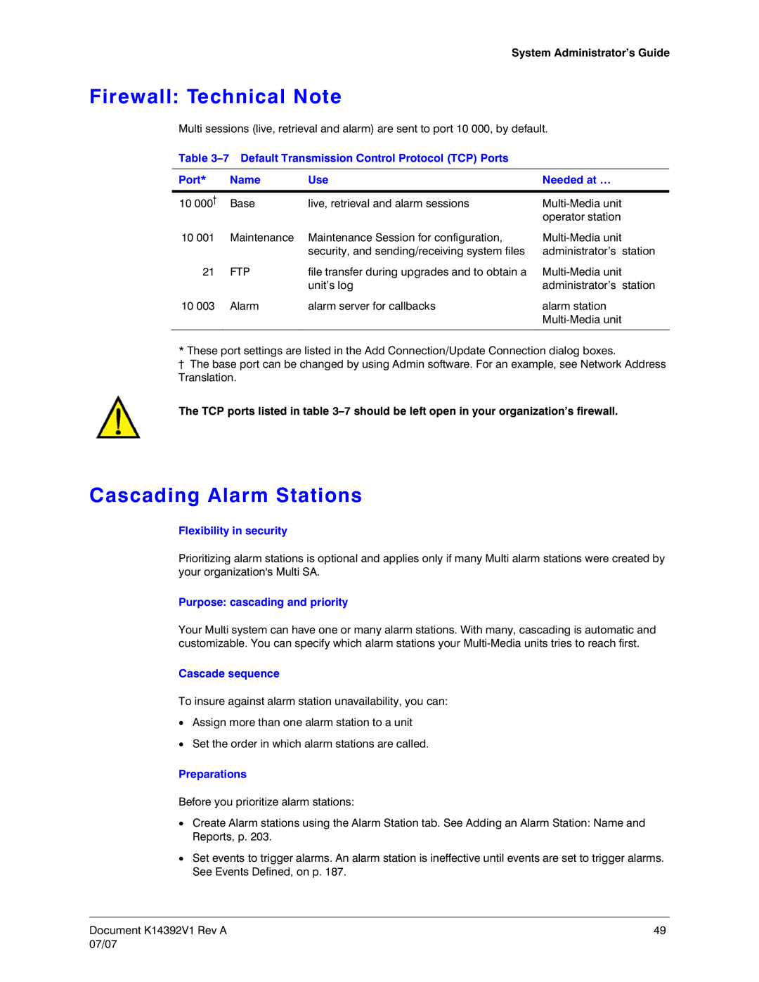 Honeywell K14392V1 manual Firewall Technical Note, Cascading Alarm Stations 