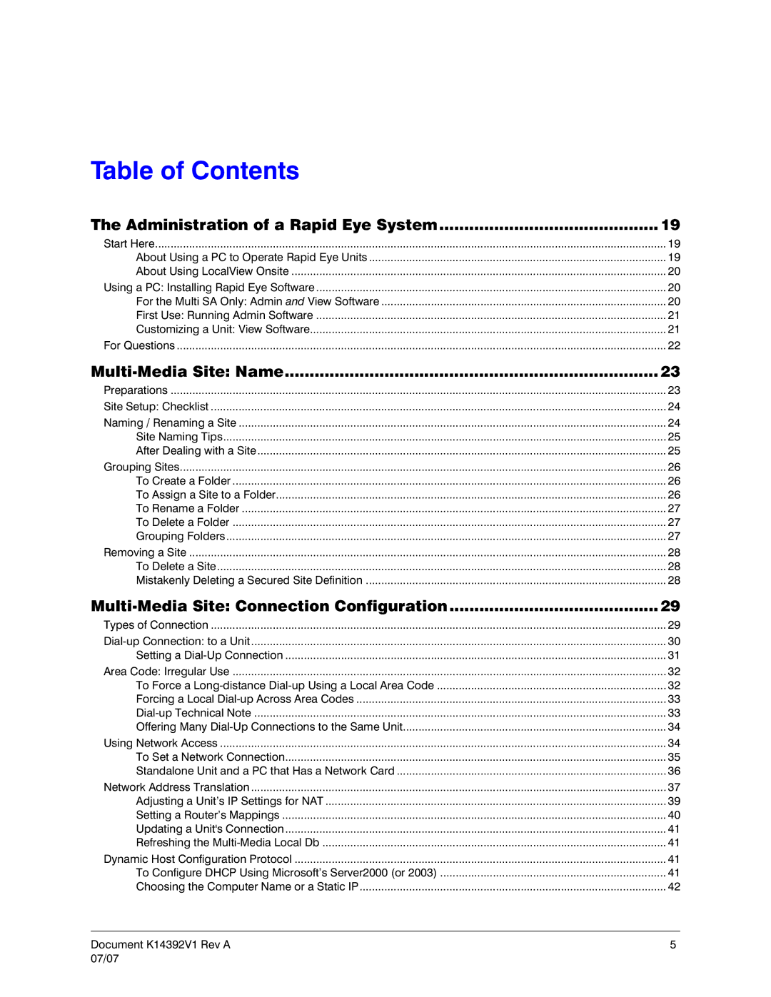 Honeywell K14392V1 manual Table of Contents 