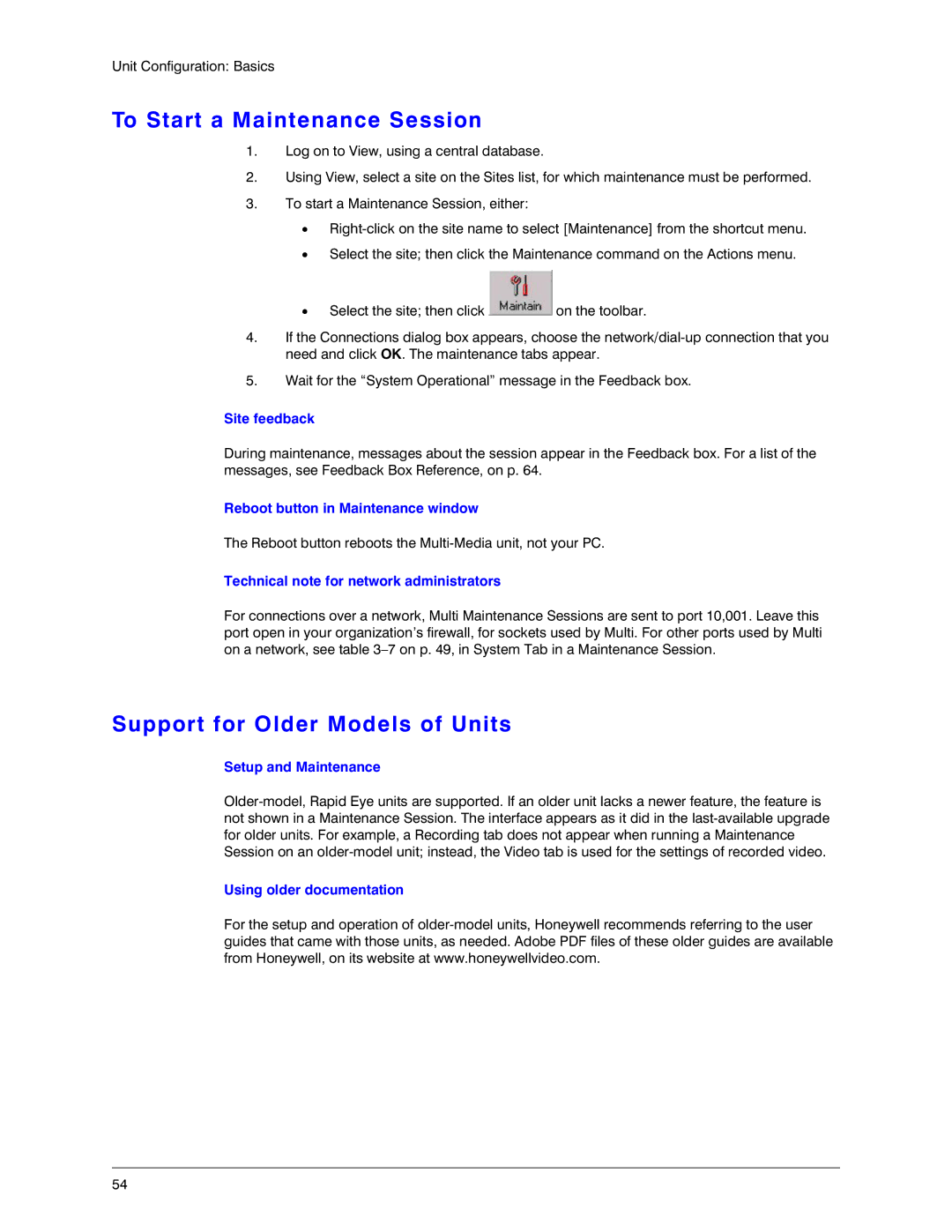 Honeywell K14392V1 manual To Start a Maintenance Session, Support for Older Models of Units 