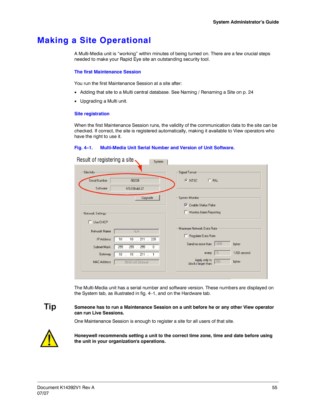 Honeywell K14392V1 manual Making a Site Operational, First Maintenance Session, Site registration 