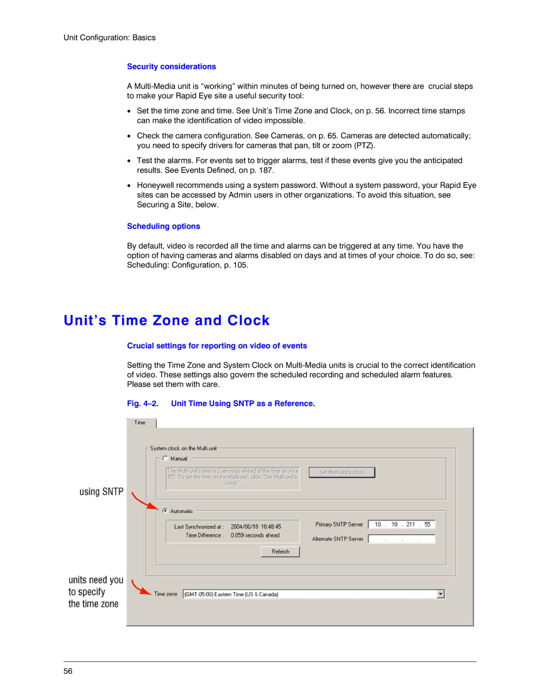 Honeywell K14392V1 manual Unit’s Time Zone and Clock, Security considerations, Scheduling options 