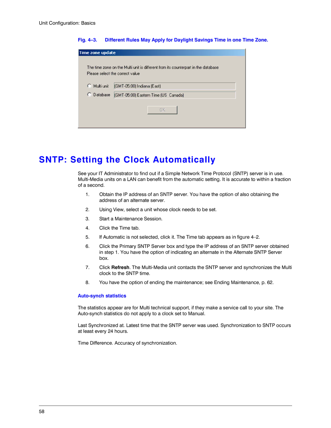 Honeywell K14392V1 manual Sntp Setting the Clock Automatically, Auto-synch statistics 