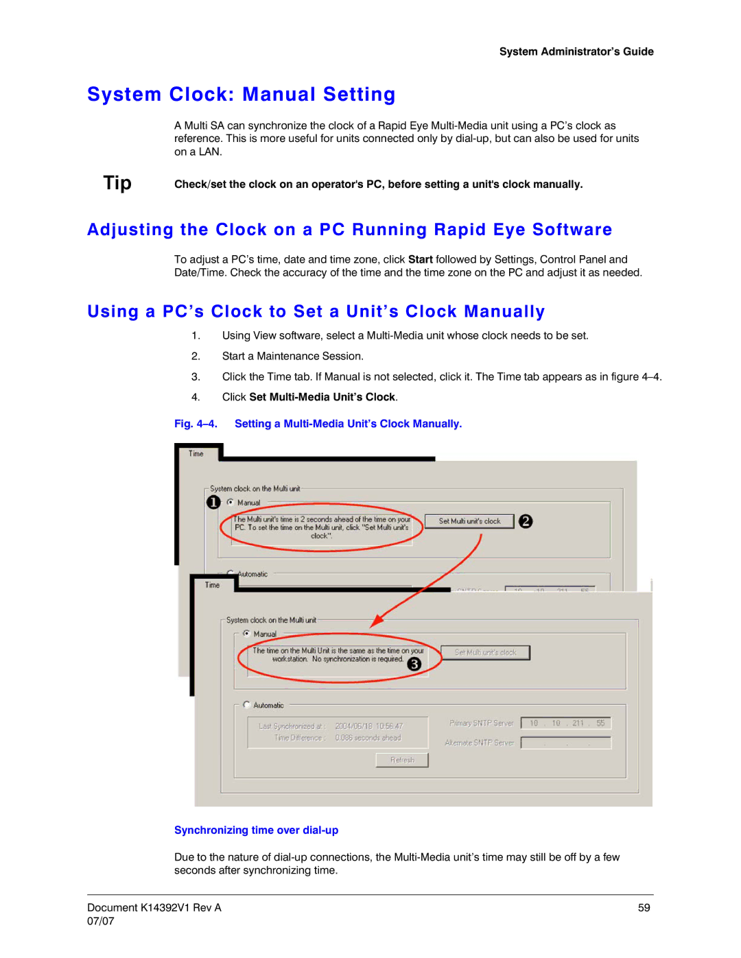 Honeywell K14392V1 manual System Clock Manual Setting, Adjusting the Clock on a PC Running Rapid Eye Software 